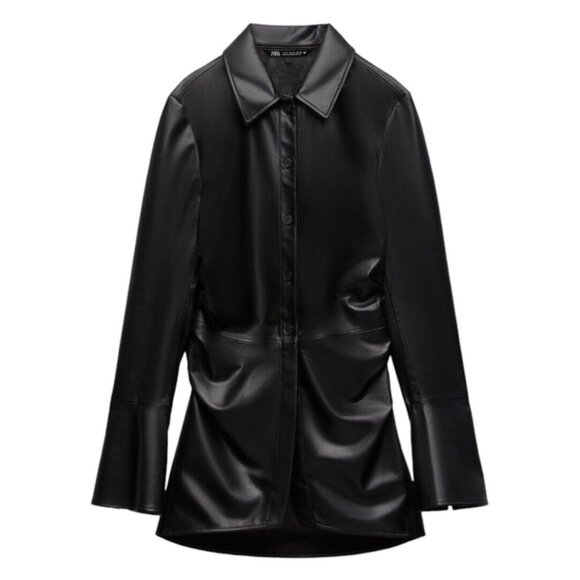 Zara Black Faux Leather Fitted Long Shirt NWOT - Picture 4 of 14